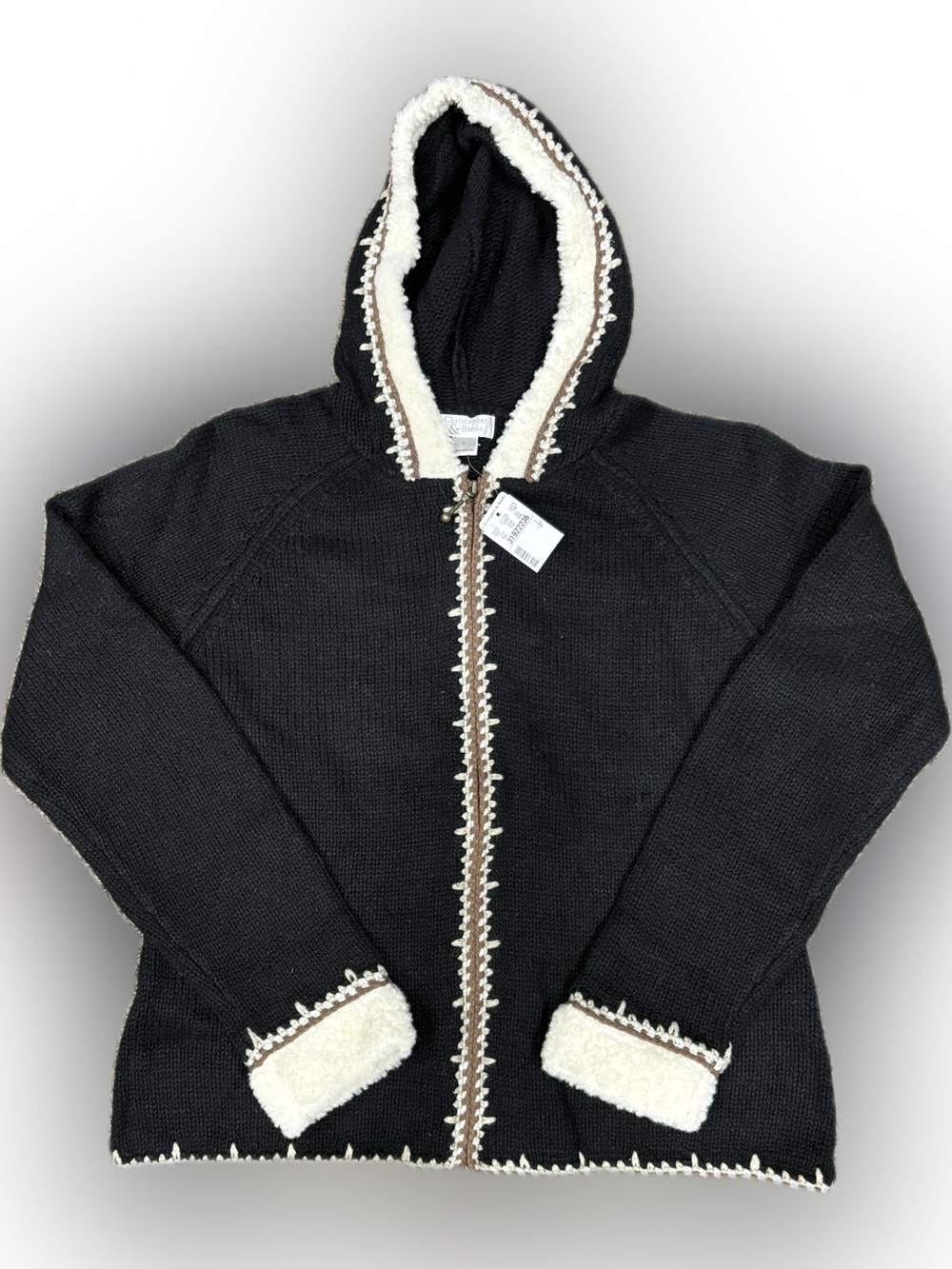 Christopher & Banks Black Hooded Zip Cardigan with Cream Trim